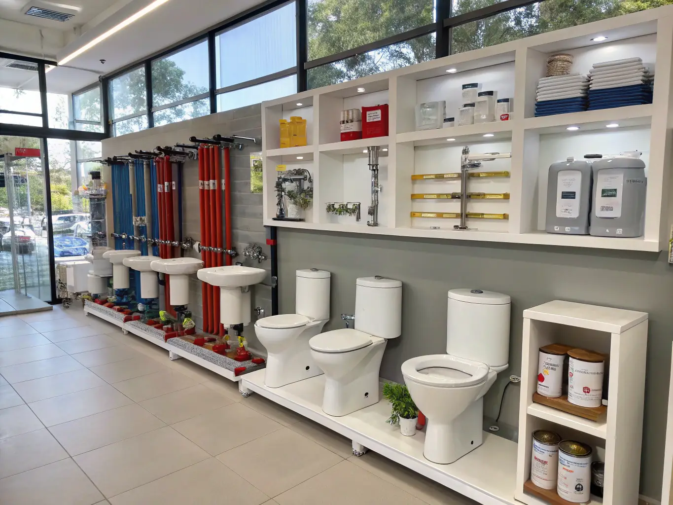 A well-organized display of various plumbing pipes and fittings in a retail setting, showcasing different sizes and materials.