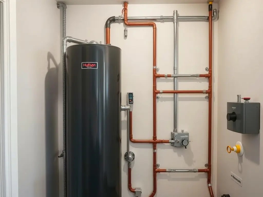 A modern and energy-efficient water heater installed in a residential setting, highlighting its compact design and digital display.