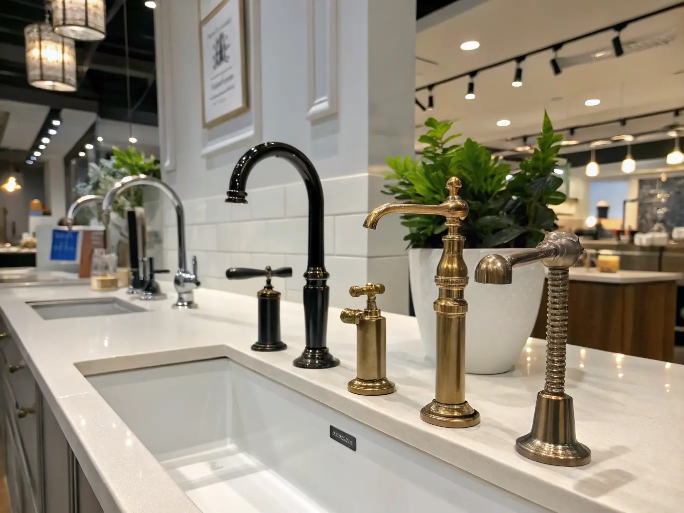 A selection of stylish and modern faucets displayed in a showroom, showcasing different finishes and designs.